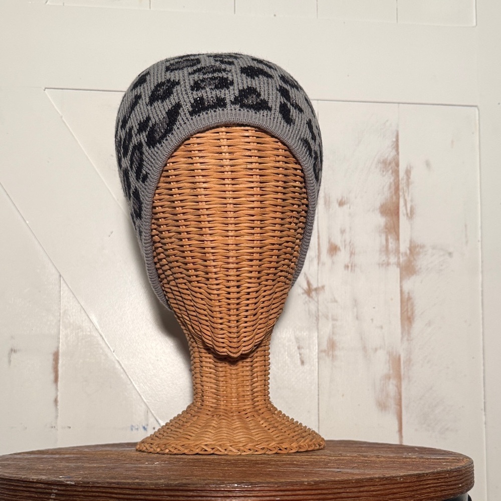 Gray Leopard Print Knit Beanie with Lurex Metallic Threads